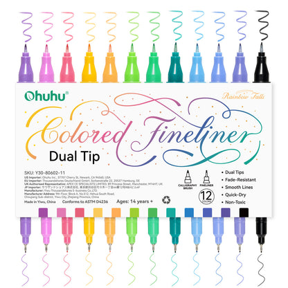 Ohuhu Colored Fineliner & Brush Pens, 12 Colors US stock