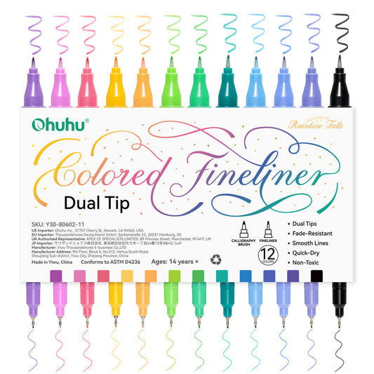 Ohuhu Colored Fineliner & Brush Pens, 12 Colors US stock