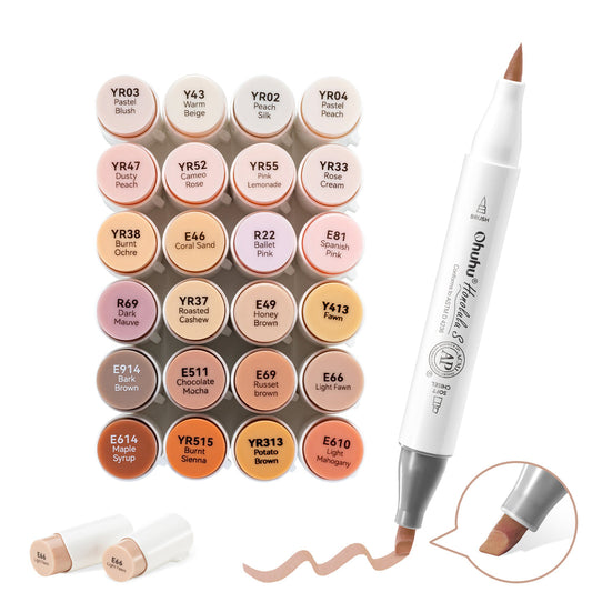 Ohuhu Honolulu S 24 Skin Tone Colors Dual Soft Tips Alcohol Art Markers, Brush & Soft Chisel USA