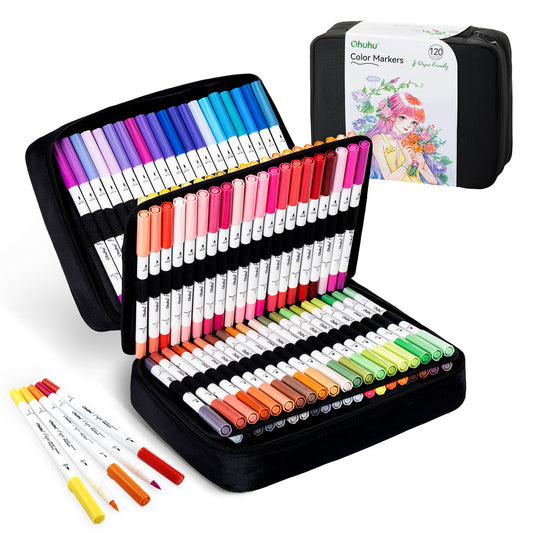 Ohuhu Pupe Paper-friendly (No Peeling) Brush and Fineliner Dual Tips 120 Colors Water-based Coloring Markers US