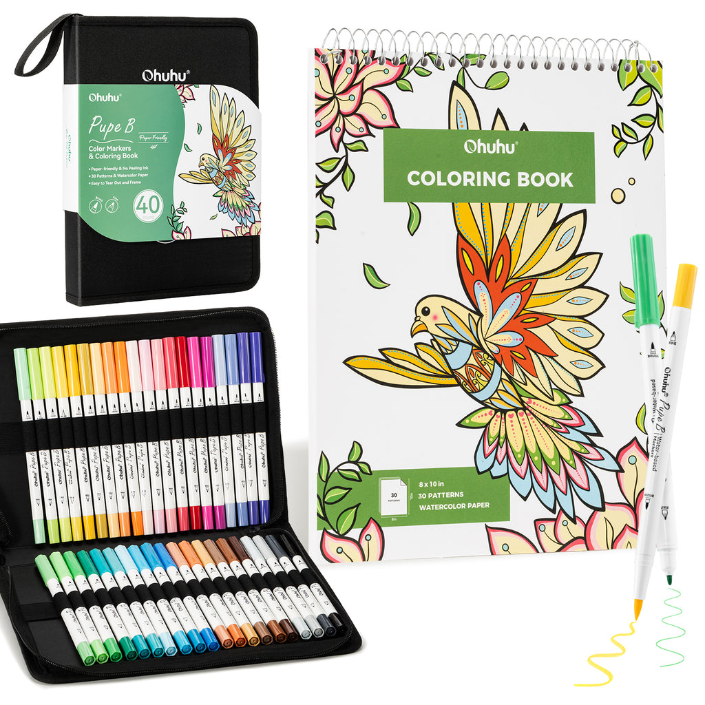Ohuhu Pupe B 40 Paper-friendly (No Peeling)  Markers＆ Coloring Book Set Clearance