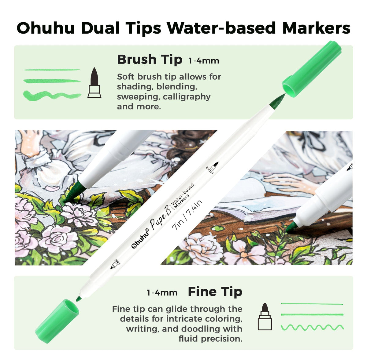 Ohuhu Pupe B 40 Paper-friendly (No Peeling)  Markers＆ Coloring Book Set Clearance