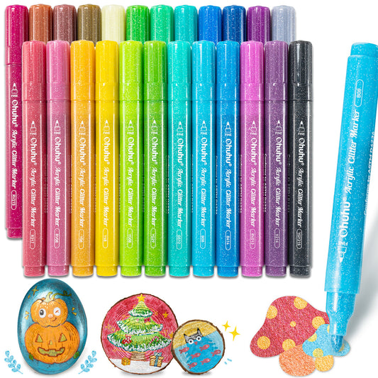 Ohuhu Acrylic Metallic Glitter Markers, 24 Colors - 0.7mm & 3mm Tip Paint Pens cheap
