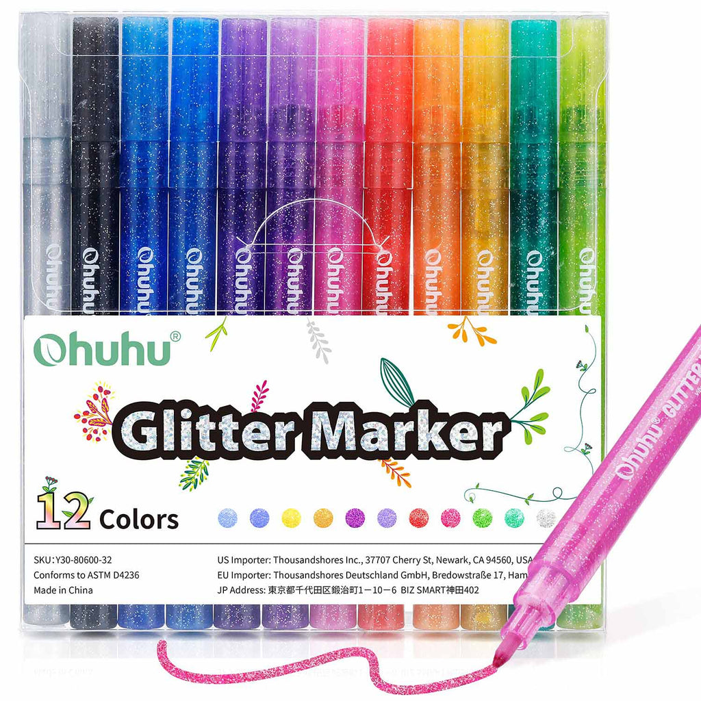 Ohuhu Water-Based Glitter Metallic Marker Pens, 12 Shimmer Colors Clearance