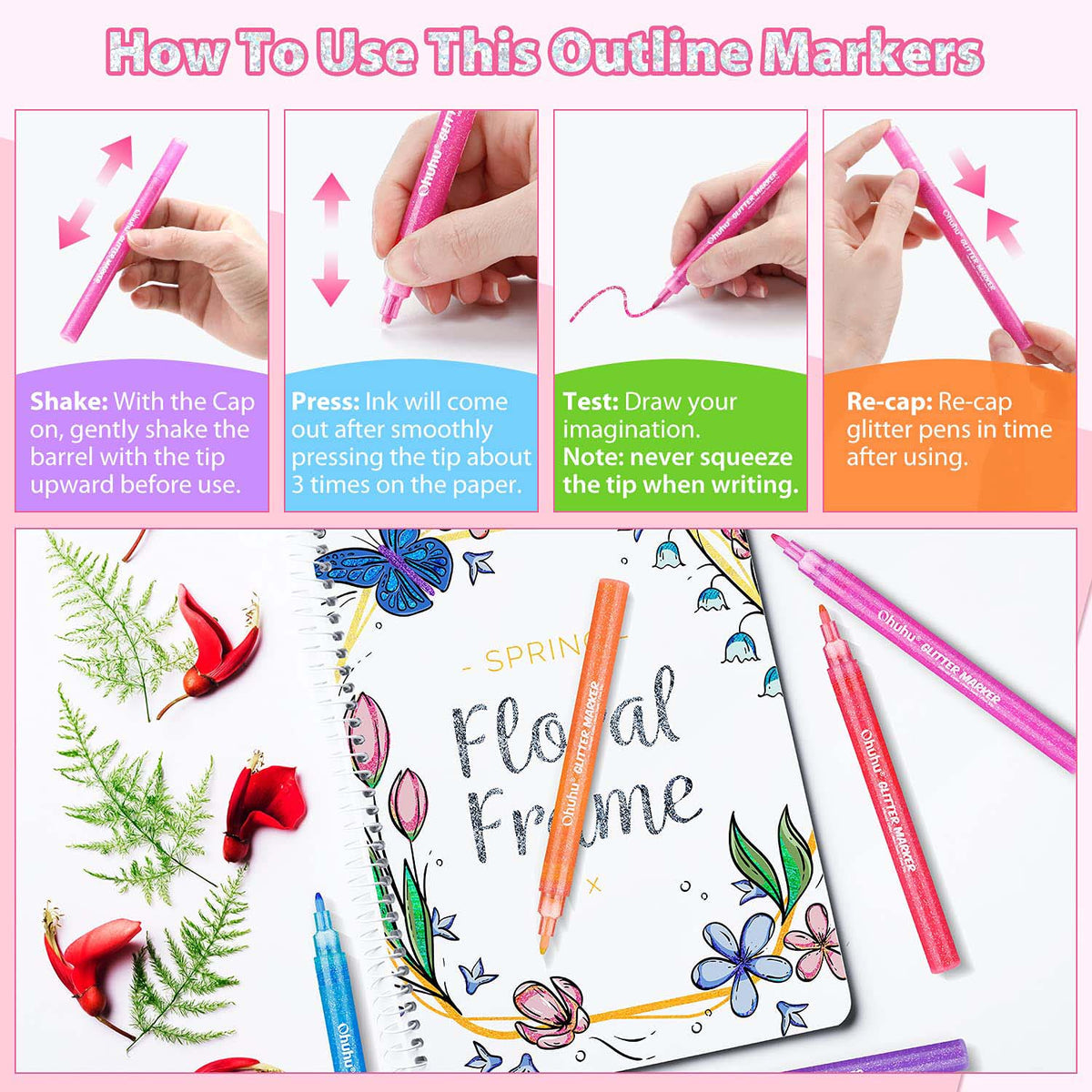 Ohuhu Water-Based Glitter Metallic Marker Pens, 12 Shimmer Colors Clearance