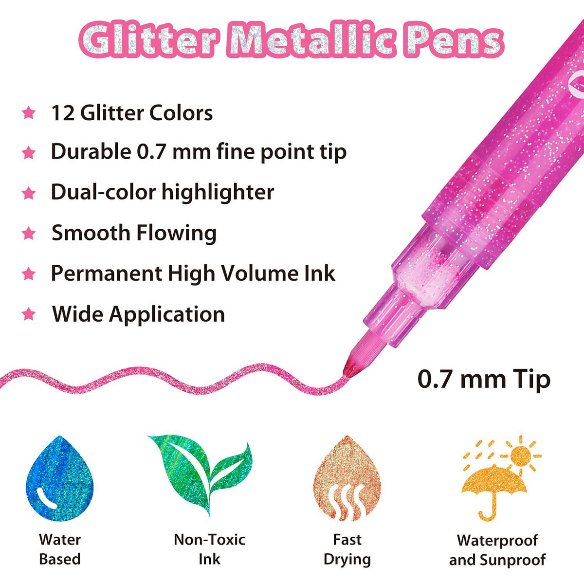 Ohuhu Water-Based Glitter Metallic Marker Pens, 12 Shimmer Colors Clearance