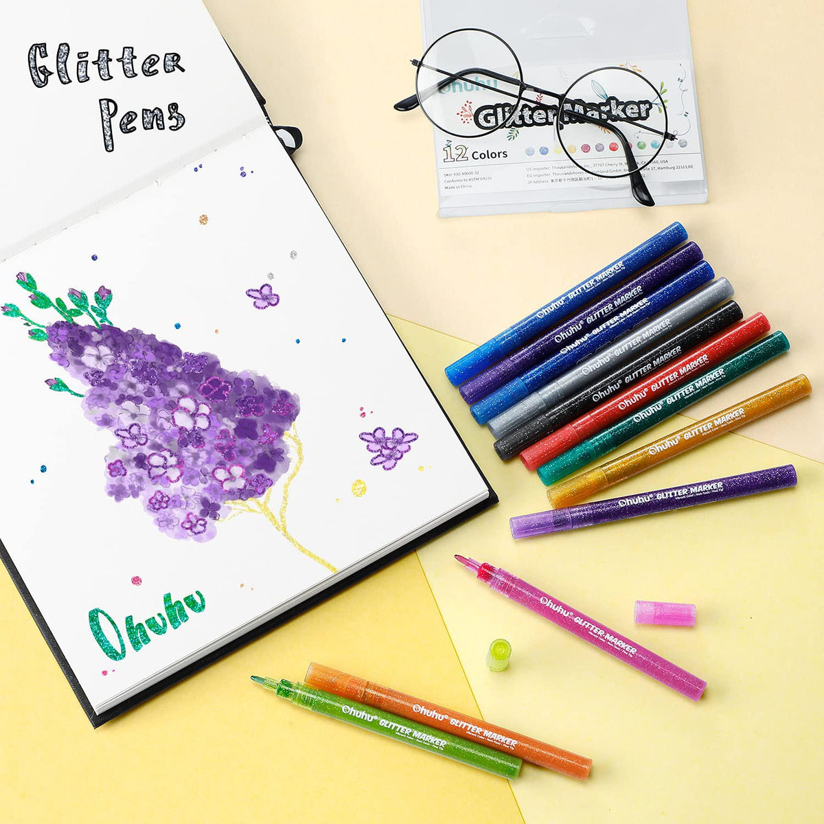 Ohuhu Water-Based Glitter Metallic Marker Pens, 12 Shimmer Colors Clearance
