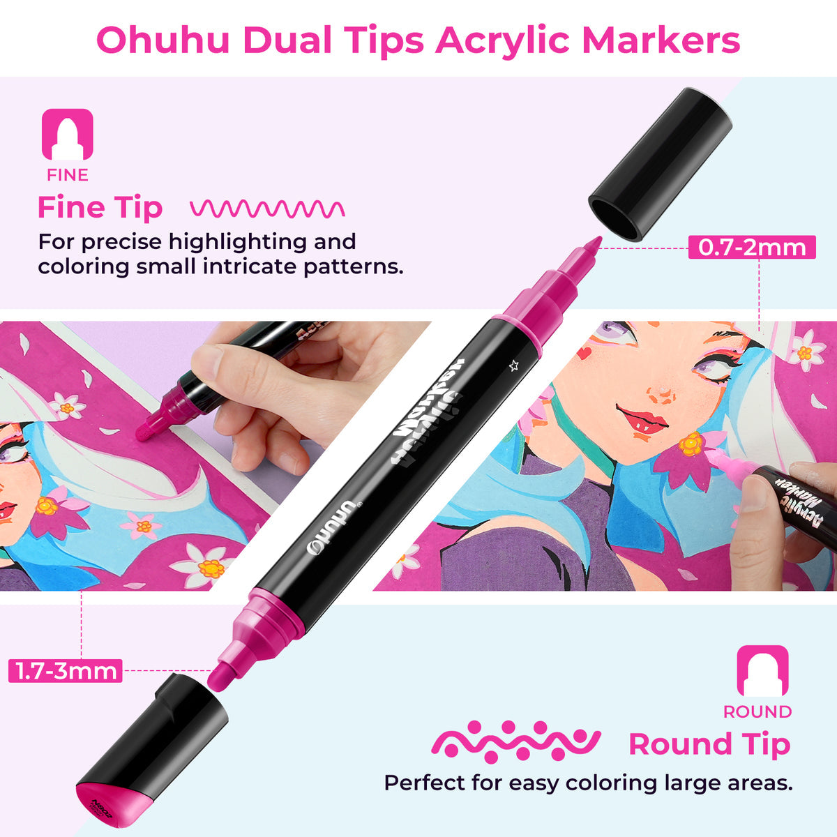 Ohuhu Dual Nib Waterproof Acrylic Pen 30 / 60 / 90 Colors - Kakaako USA only
