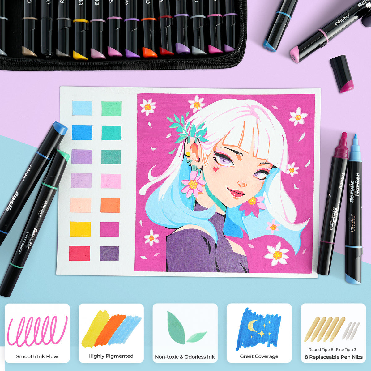 Ohuhu Dual Nib Waterproof Acrylic Pen 30 / 60 / 90 Colors - Kakaako USA only