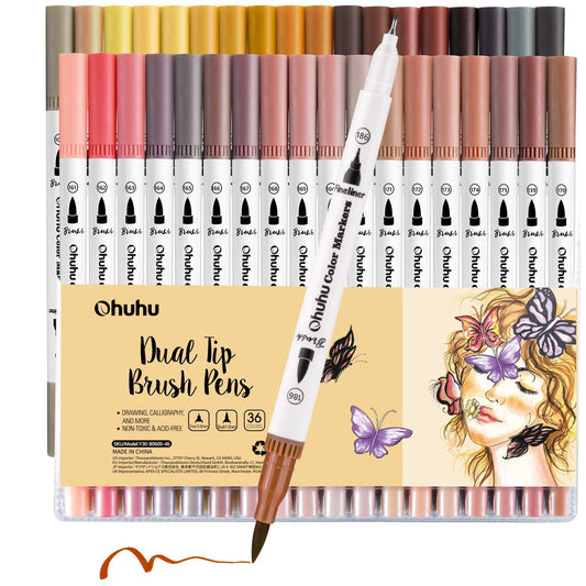 Ohuhu Maui 36 Skin Tone Colors Dual Tips Water Based Art Markers, Brush & Fineliner USA only