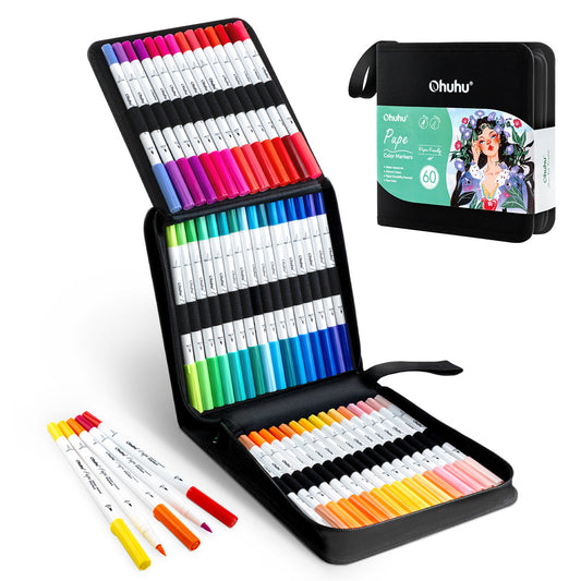 Ohuhu Pupe Paper-friendly (No Peeling) Brush and Fineliner Dual Tips 60 Colors Water-based Coloring Markers USA only